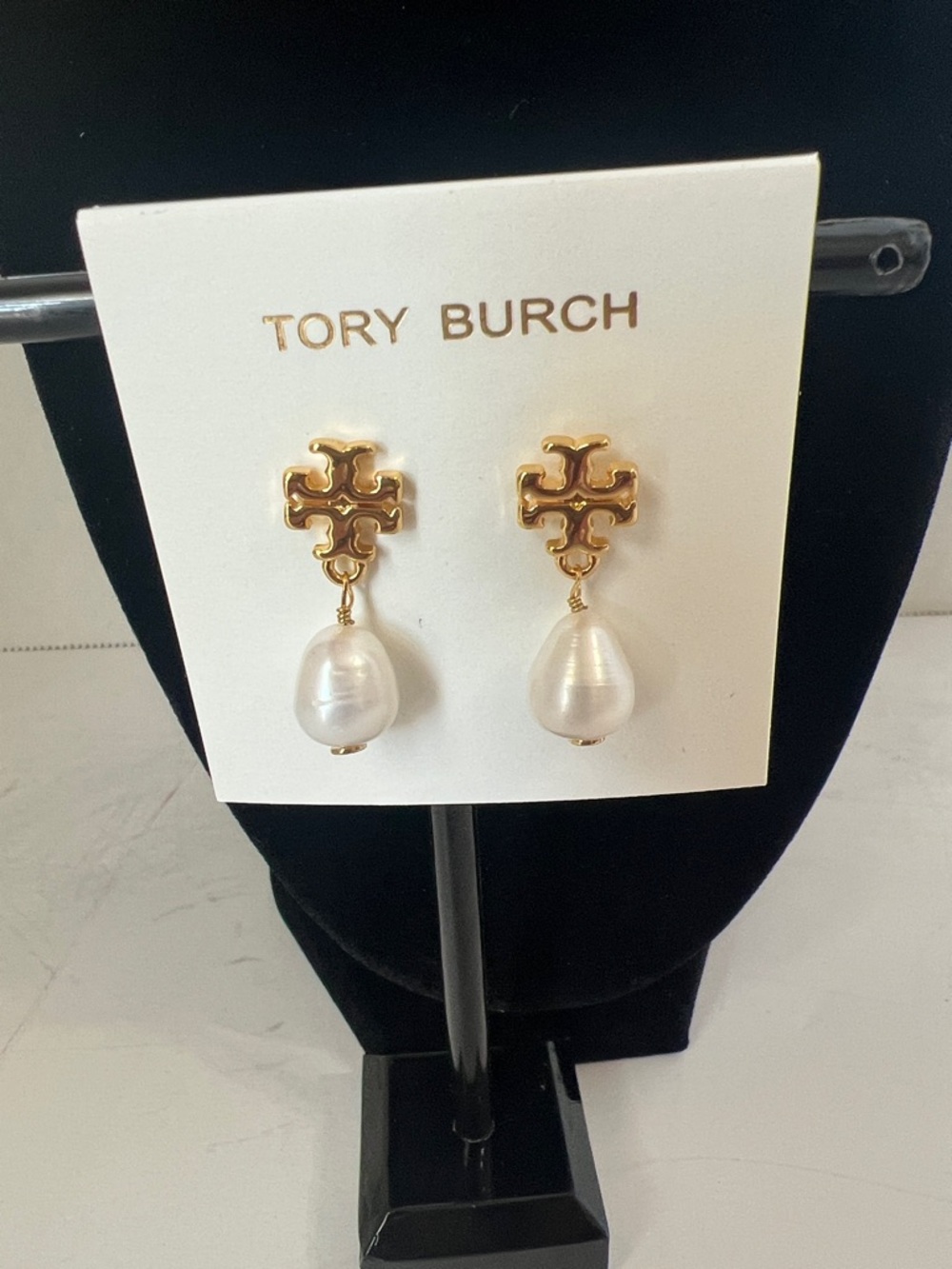 Tory Burch Gold Logo Drop Earrings with Pearl Teardrops